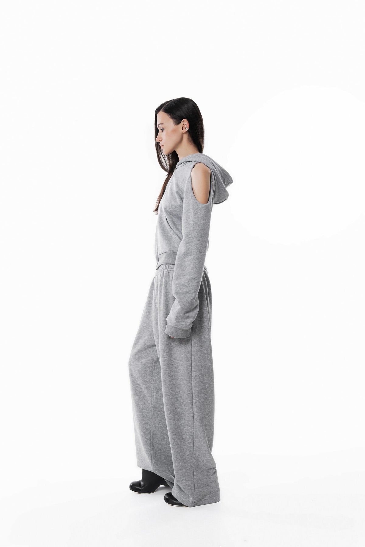 Gray Off Shoulder Slim Hoodie