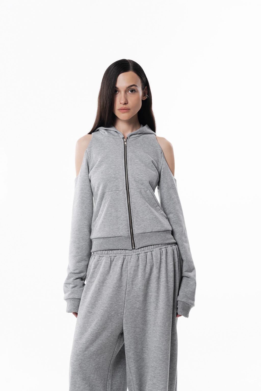 Gray Off Shoulder Slim Hoodie