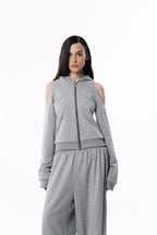 Gray Off Shoulder Slim Hoodie