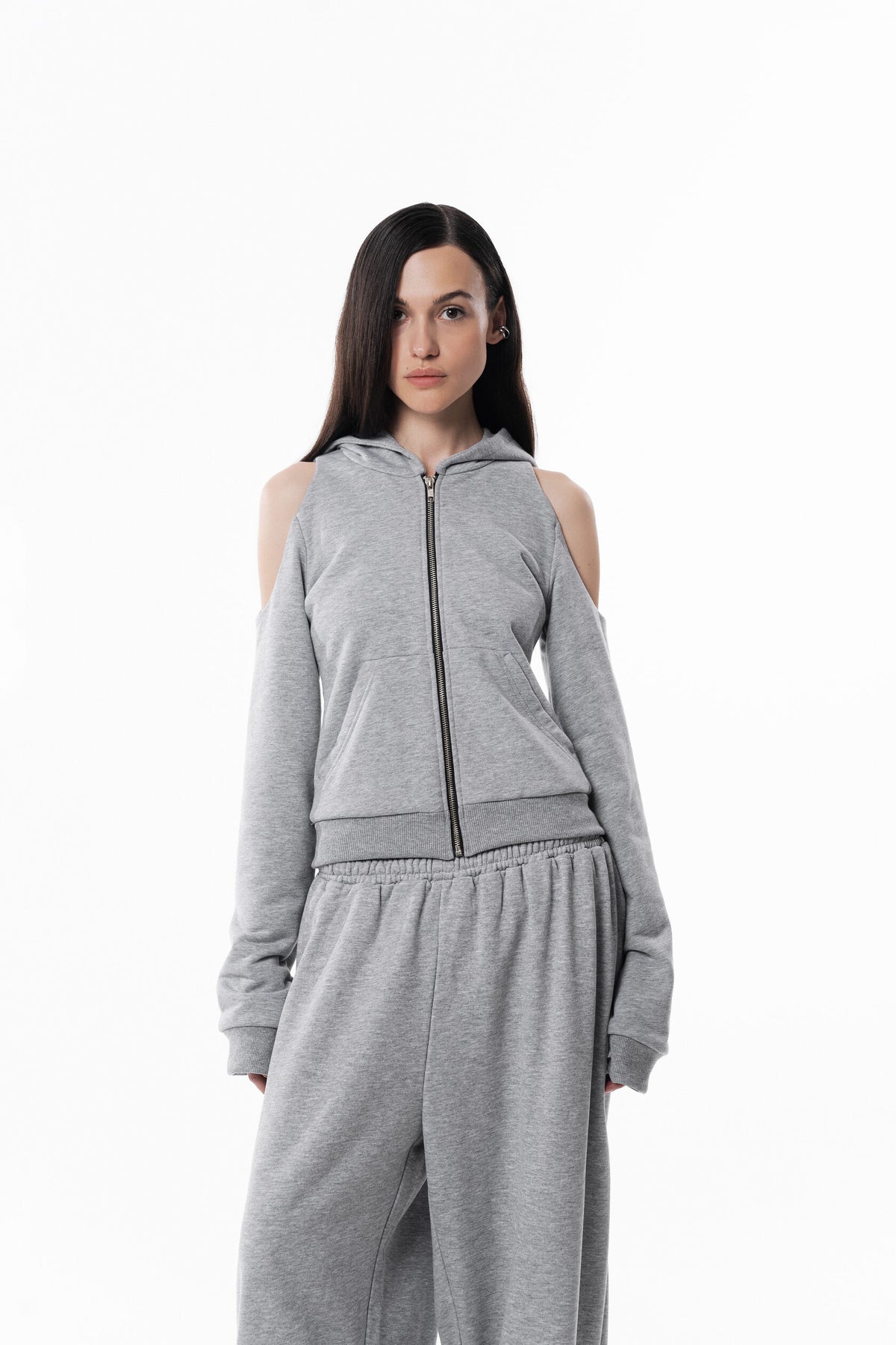Gray Off Shoulder Slim Hoodie