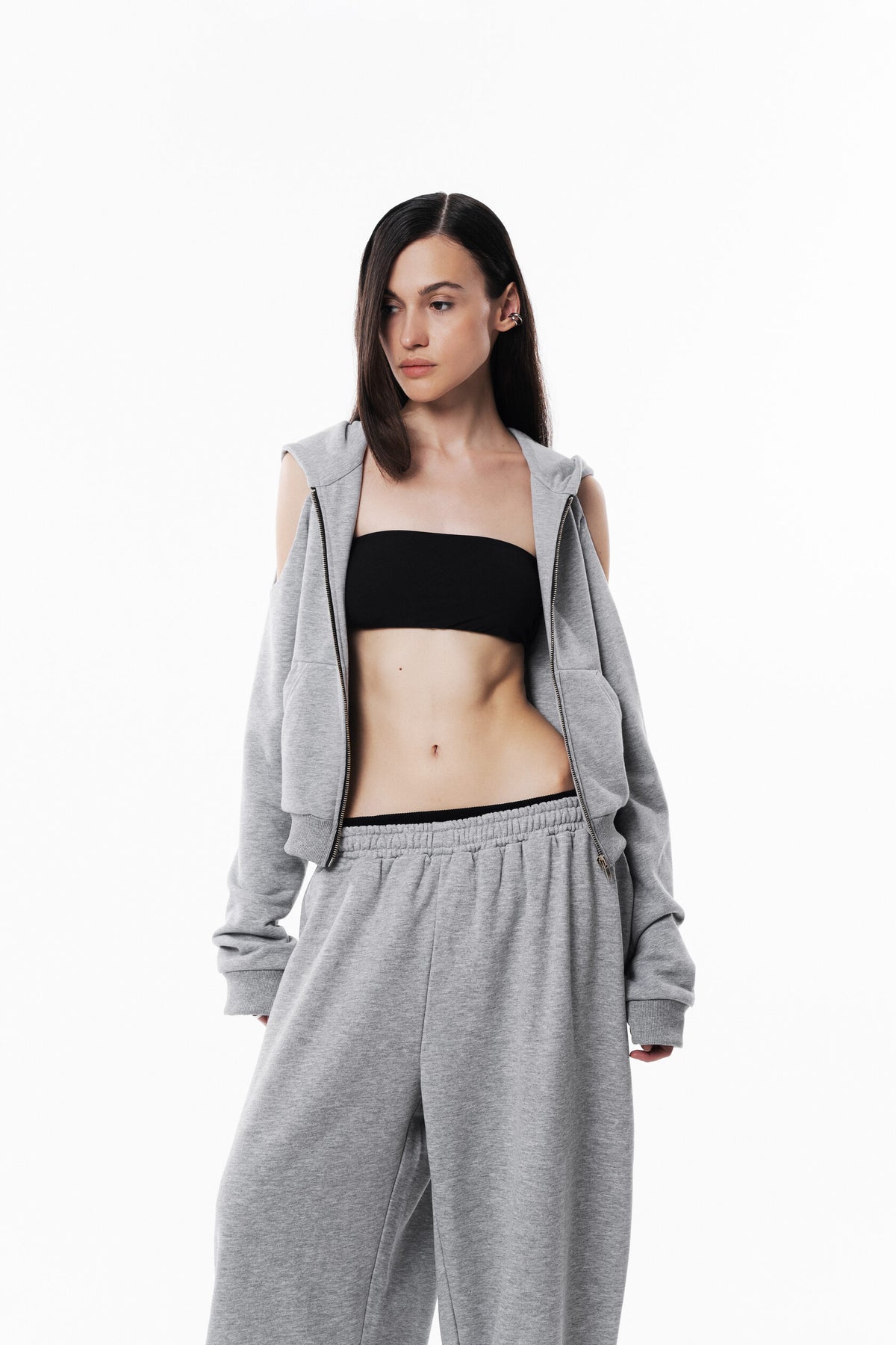 Gray Off Shoulder Slim Hoodie