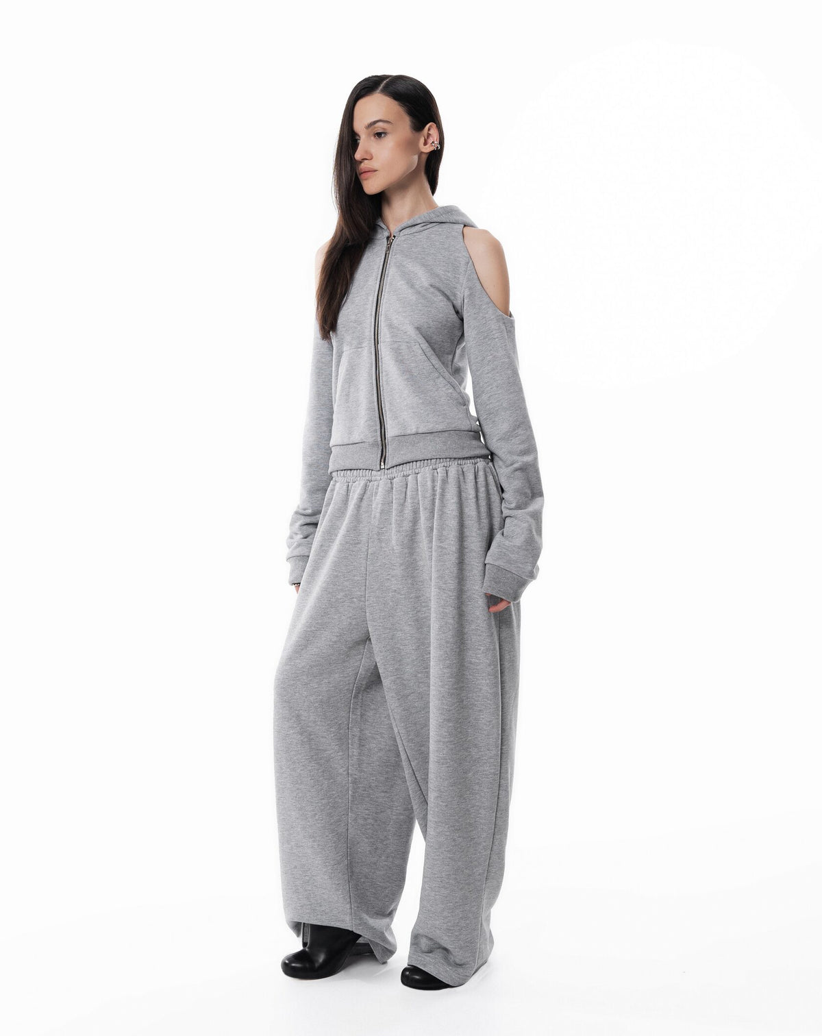 Gray Off Shoulder Slim Hoodie