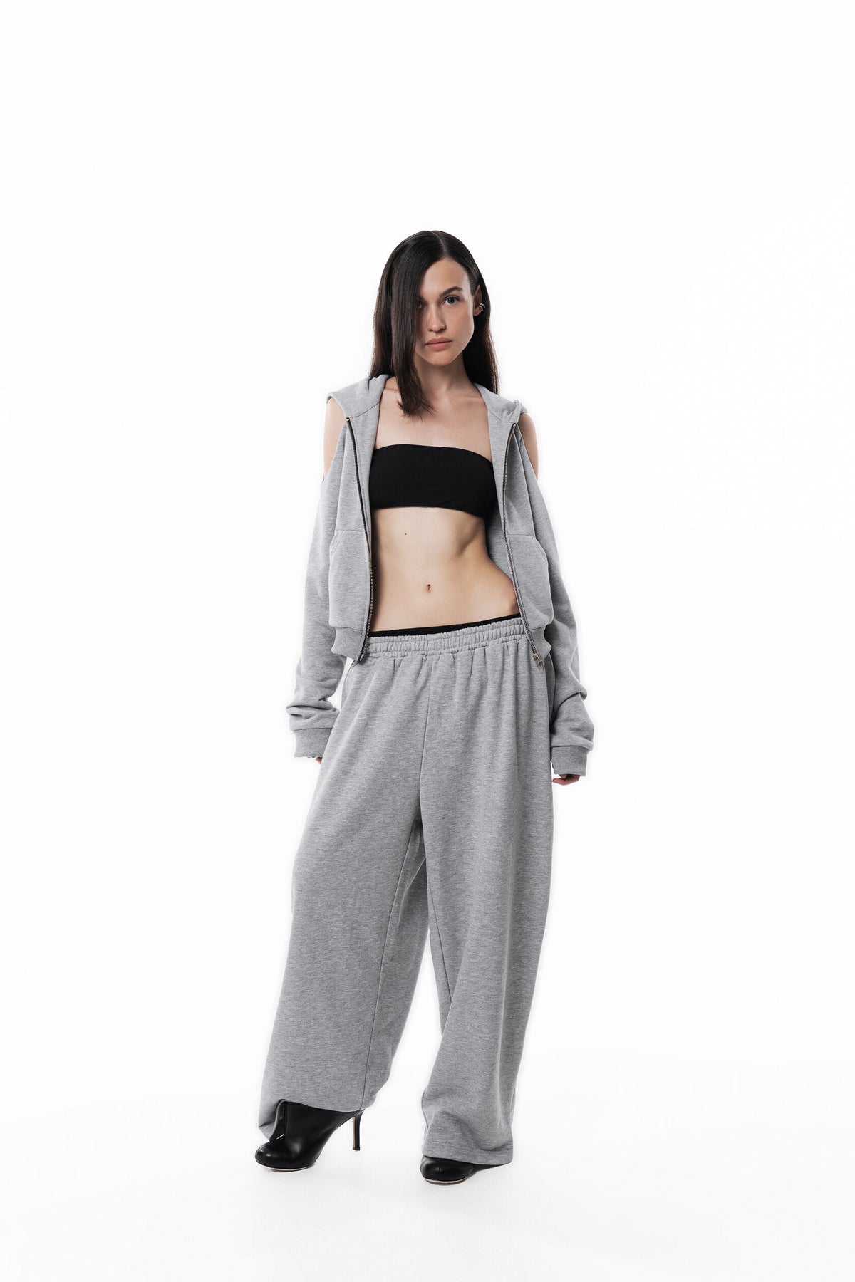 Gray Off Shoulder Slim Hoodie