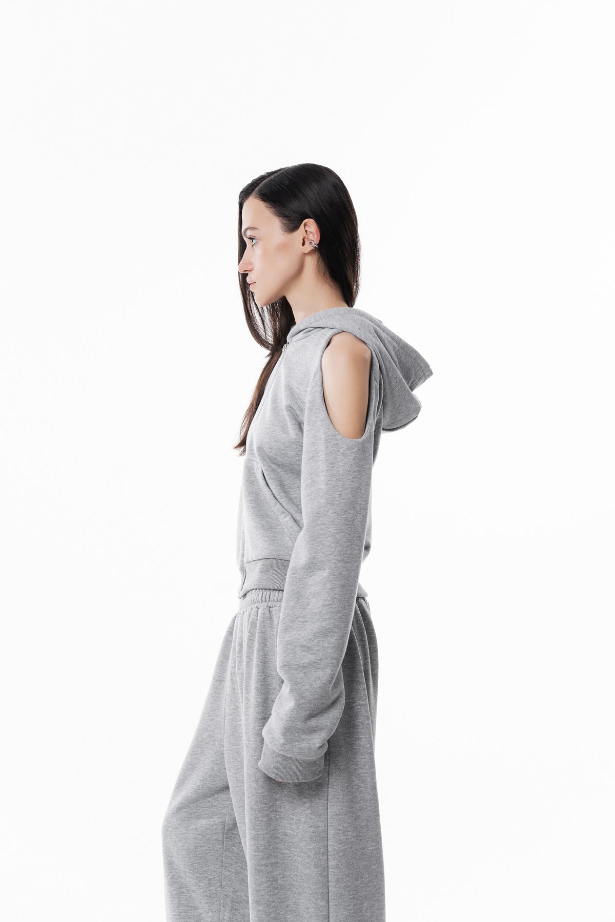 Gray Off Shoulder Slim Hoodie