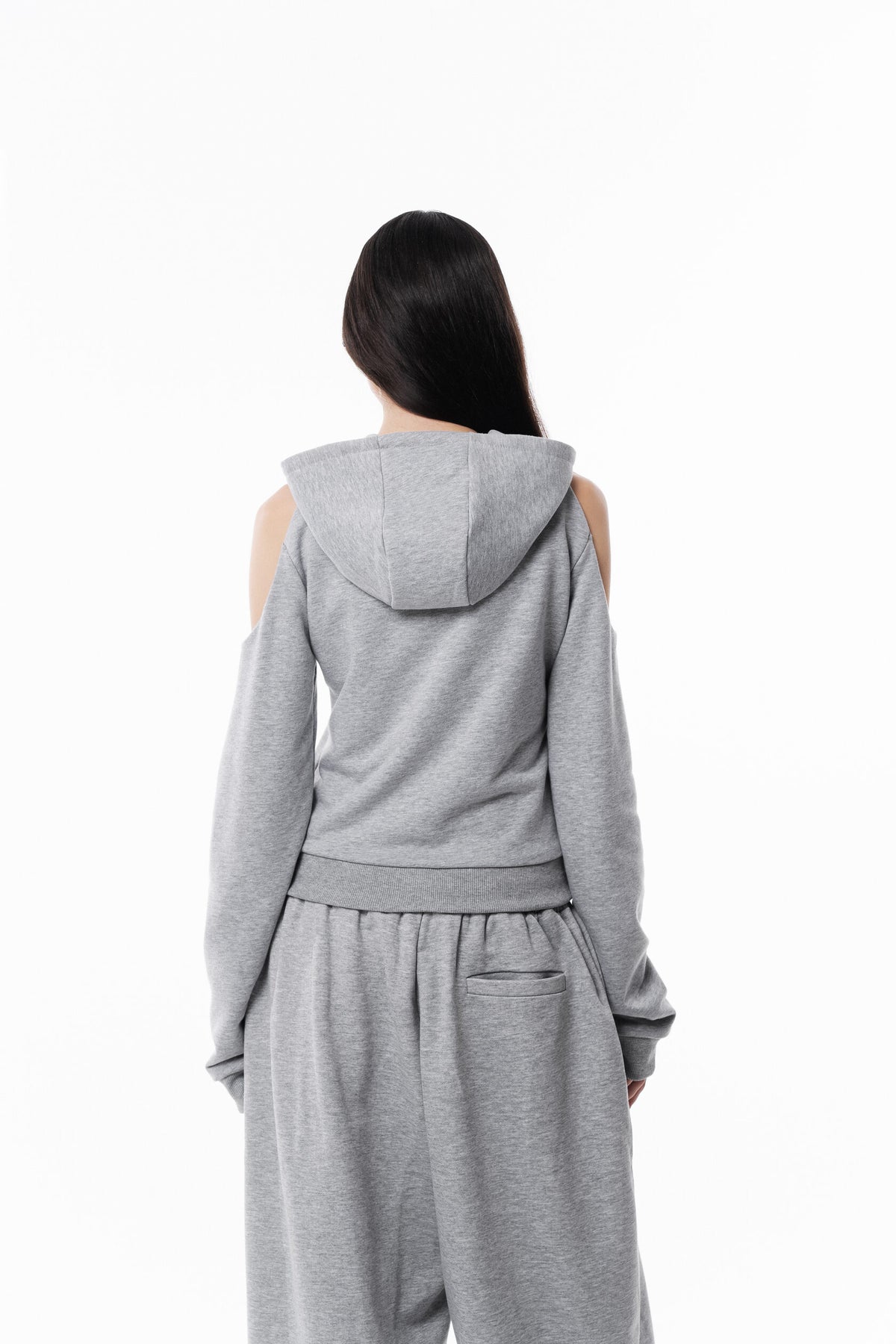 Gray Off Shoulder Slim Hoodie