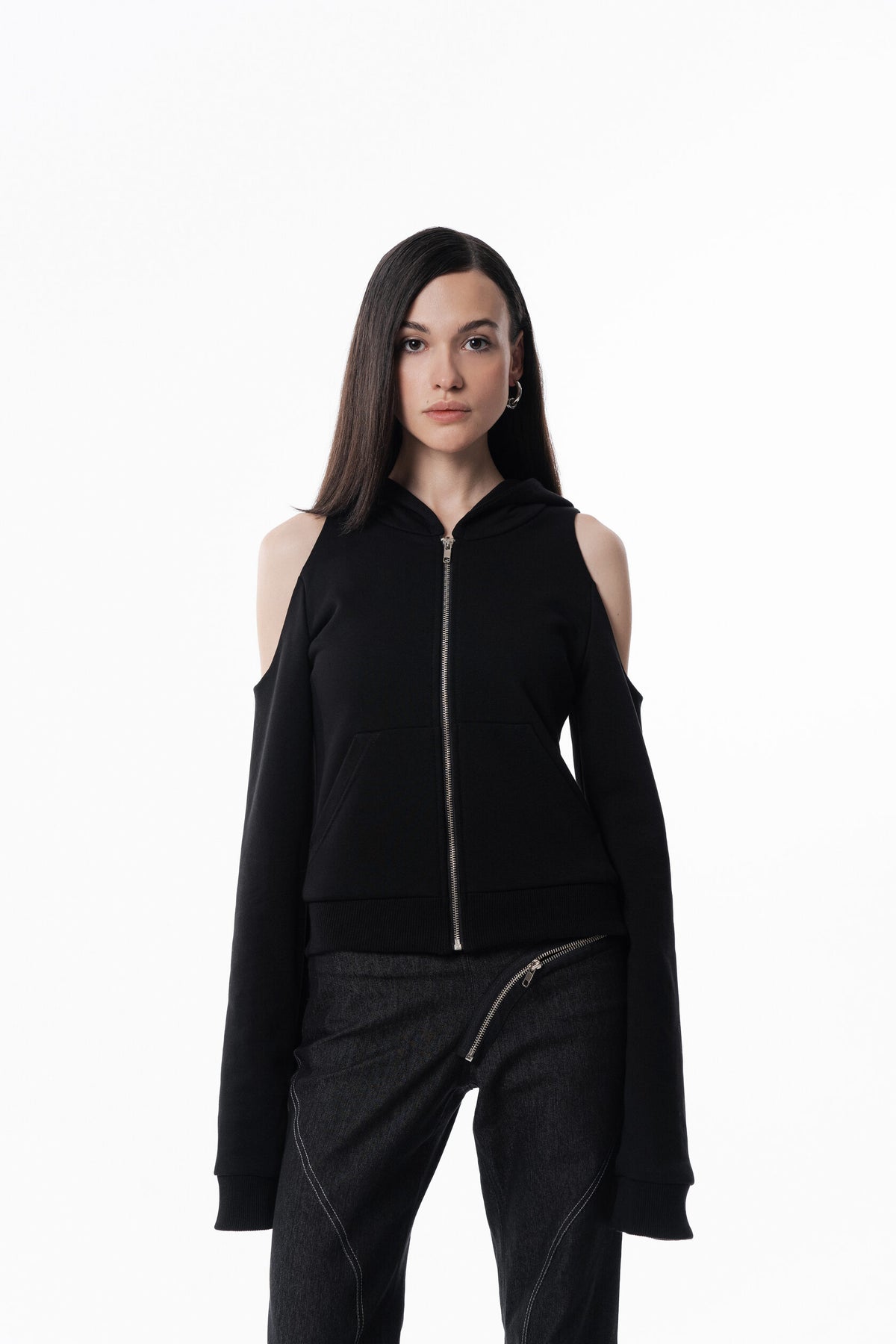 Black Off Shoulder Slim Hoodie